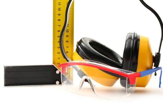 Angle ruler, goggles and earphones