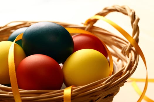 Easter eggs with yellow ribbon in basket