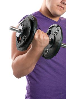 A young man curling a dumbbell over a white background.