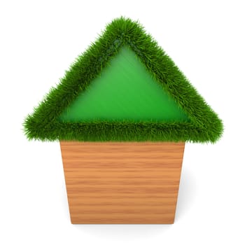 House with green roof made of wooden cubes isolated on white background