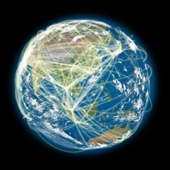 Asia on planet Earth with connections between cities and continents representing global airline networks. Elements of this image furnished by NASA
