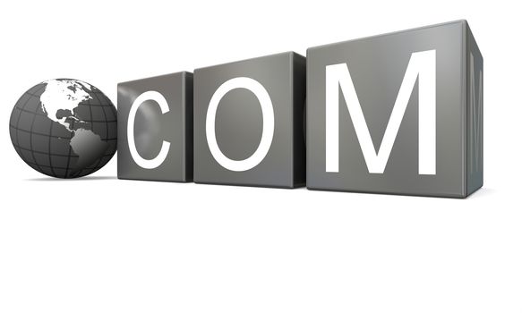 Dot com sign with planet earth model isolated on white background