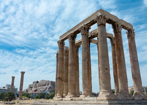 The Temple of Olympian Zeus also known as the Olympieion or Columns of the Olympian Zeus, is a colossal ruined temple in the centre of the Greek capital Athens that was dedicated to Zeus, king of the Olympian gods.
