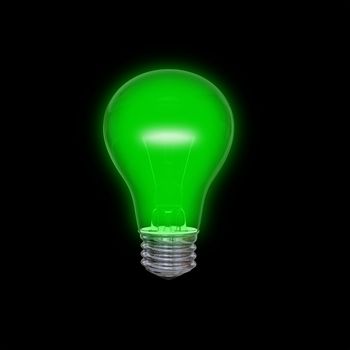 Glowing green lightbulb isolated on black background