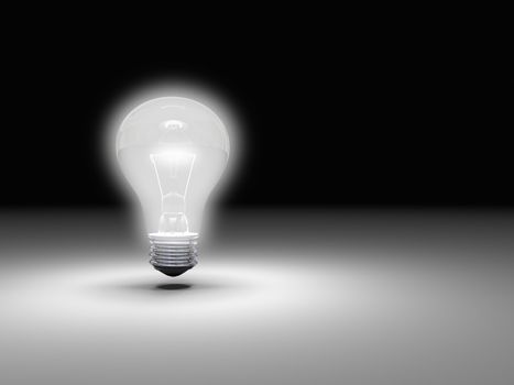 Illustration of single glowing lightbulb in darkness