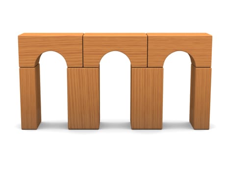 Toy bridge made of wooden blocks isolated on white background