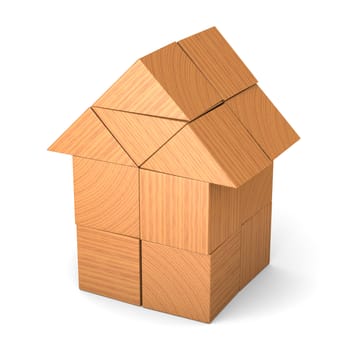 House made of wooden cubes isolated on white background