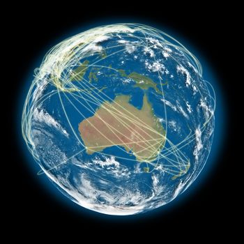 Australia on planet Earth with connections between cities and continents representing global airline networks. Elements of this image furnished by NASA