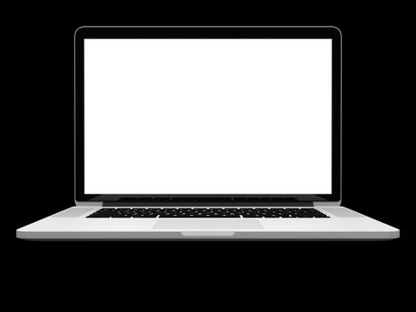 Laptop computer blank white screen isolated on black background