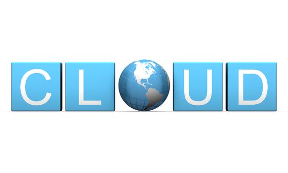 Blue cloud computing sign made of cubes and planet isolated on white background