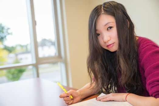 Woman studying with pen in hand near window