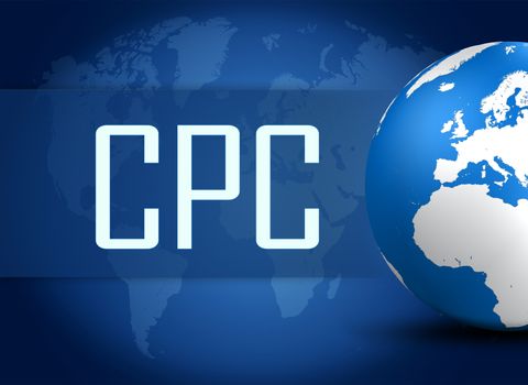 Cost per Click concept with globe on blue background