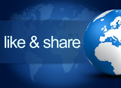 like and share concept with world globe on blue background