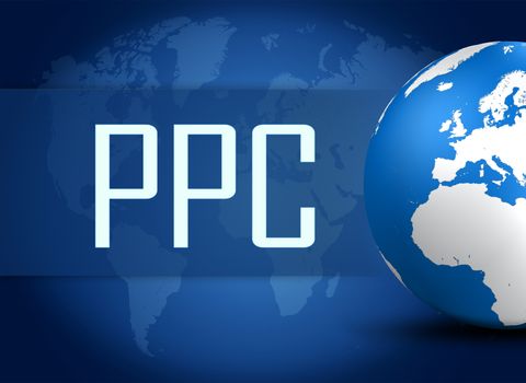 Pay per Click concept with globe on blue background