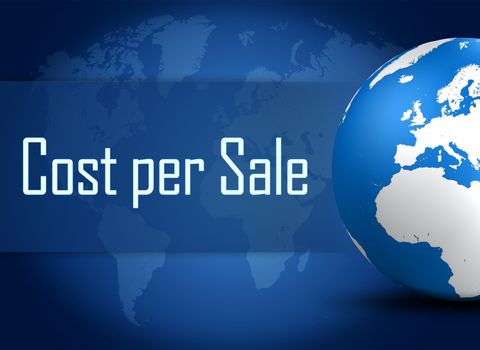 Cost per sale concept with globe on blue background