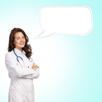 young woman doctor says cloud over his head, place for text