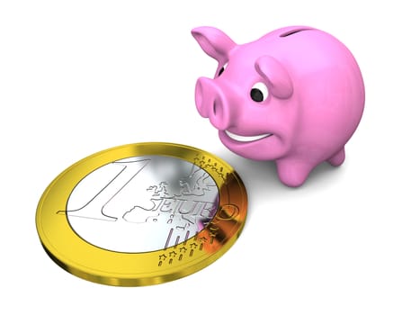 Piggy bank with Euro coin, concept of savings and investments, isolated on white background