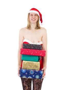 Smiling Mrs. Claus with lot of gifts