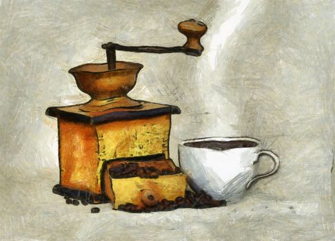 Antique coffee grinder with coffee beans an cup of hot black coffee - photo - digitally altered