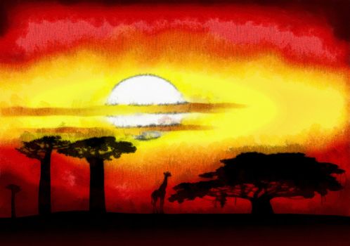Drawing of the Africa sunset - mixed media - digitally altered