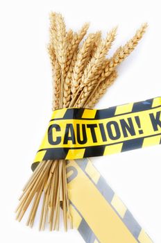 Caution tape wrapped around a bundle of wheat 