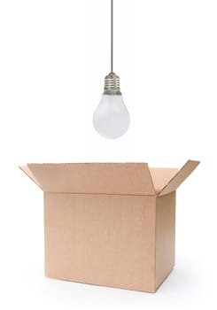 Light bulb hovering over an open box 