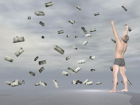 Happy man enjoying the rain of money in grey background
