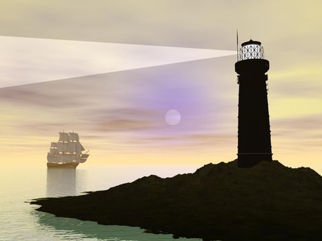 Shadow of a lighthouse guiding an old ship by full moon