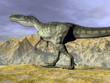 Monolophosaurus dinosaur walking on rocks in the desert near mountain by cloudy day