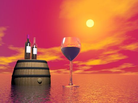 Red wine bottles on old barrel next to half full glass at sunset