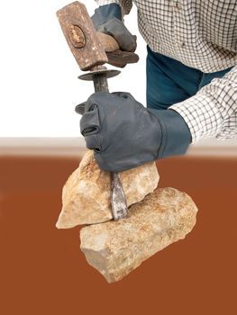 stoneworker with hammer chisels stone 