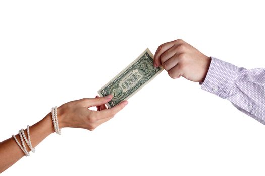 Transfer of money from hand to hand, isolated on white background