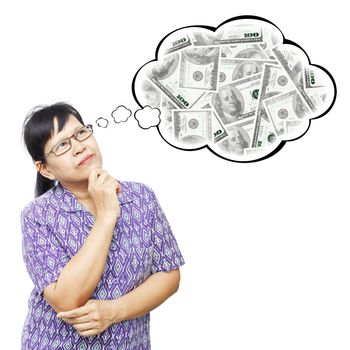 Thinking Asia woman looking up on empty bubble of money stack