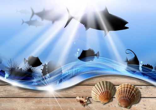 Three seashells on wooden floor with sand, stylized waves and sea abyss landscape with fishes