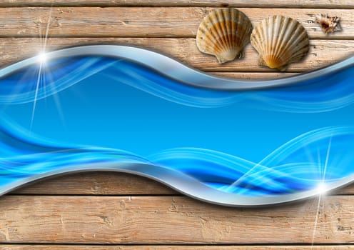 Three seashells on wooden floor with sand and stylized blue waves and glitter, concept of summer vacations