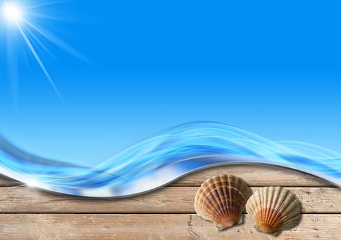 Two seashells on wooden floor with sand, stylized waves and sunlight, concept of summer vacations