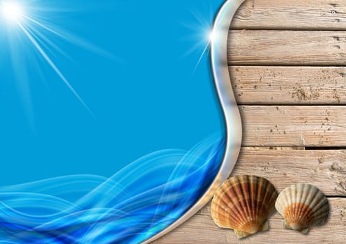 Two seashells on wooden floor with sand, stylized waves and sunlight, concept of summer vacations