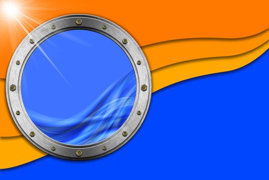 Blue and orange abstract background with stylized waves and metal porthole, concept of summer vacations