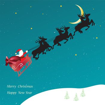 Sledge with Santa Claus. Vector christmas card with flying Sledge with Santa Claus