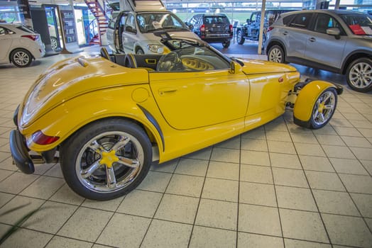 The car is for sale in Moss Two-stroke car dealership in Moss, Norway. Photo is shot in September 2013