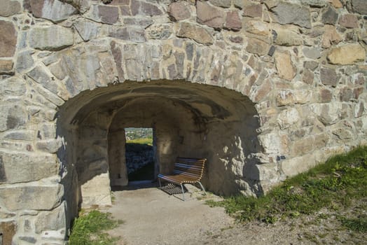 The image is shot in September 2013 at Fredriksten Fortress in Halden, Noway and shows the Large powderhouses and Northern curtain wall that protects the Citadel to the west and connects Queen's bastion with Prince Chritians bastion, the curtain wall was completed in 1668