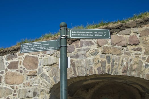 The image is shot in September 2013 at Fredriksten Fortress in Halden, Noway and shows the Large powderhouses and Northern curtain wall that protects the Citadel to the west and connects Queen's bastion with Prince Chritians bastion, the curtain wall was completed in 1668