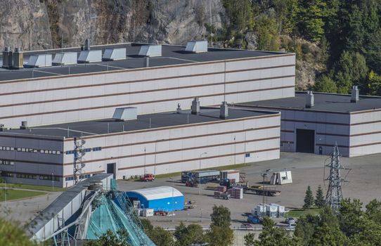 Saugbrugs paper factory which is a Norwegian paper factory in Halden. It is the oldest wood processing plant in Norway which is still in operation. Image is shot at Fredriksten fortress in Halden, Norway a day in September 2013.