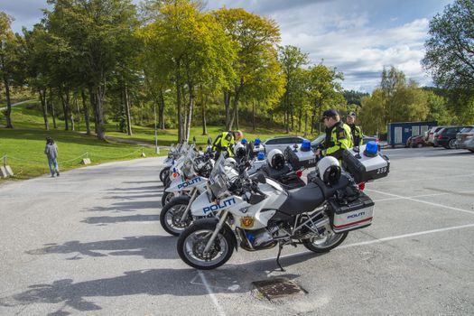 Police motorcycles lined up at Fredriksten fortress in Halden, Norway. Image is shot in September 2013.