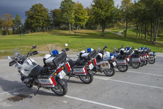Police motorcycles lined up at Fredriksten fortress in Halden, Norway. Image is shot in September 2013.