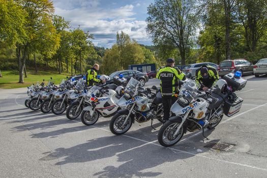 Police motorcycles lined up at Fredriksten fortress in Halden, Norway. Image is shot in September 2013.