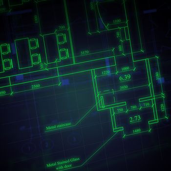 Glowing architectural drawings on a dark background. Business concept