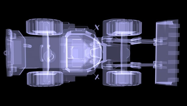 Bulldozer. X-ray. 3d render isolated on a black background