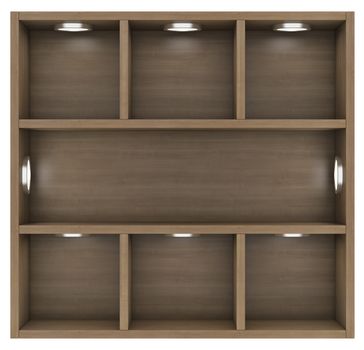 Wooden shelves with built-in lights. Isolated render on a white background