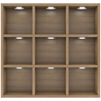 Wooden shelves with built-in lights. Isolated render on a white background